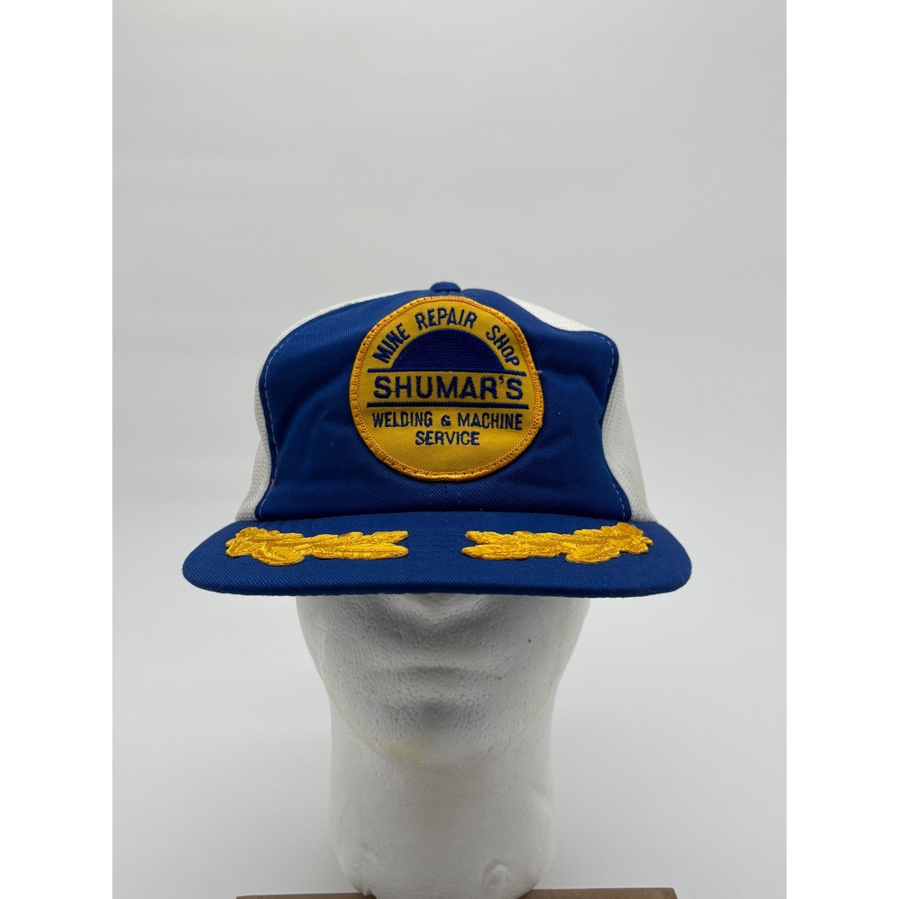 Vintage 80s Shumar's Mine Repair Shop Trucker Hat Snapback USA Patch Cap Blue